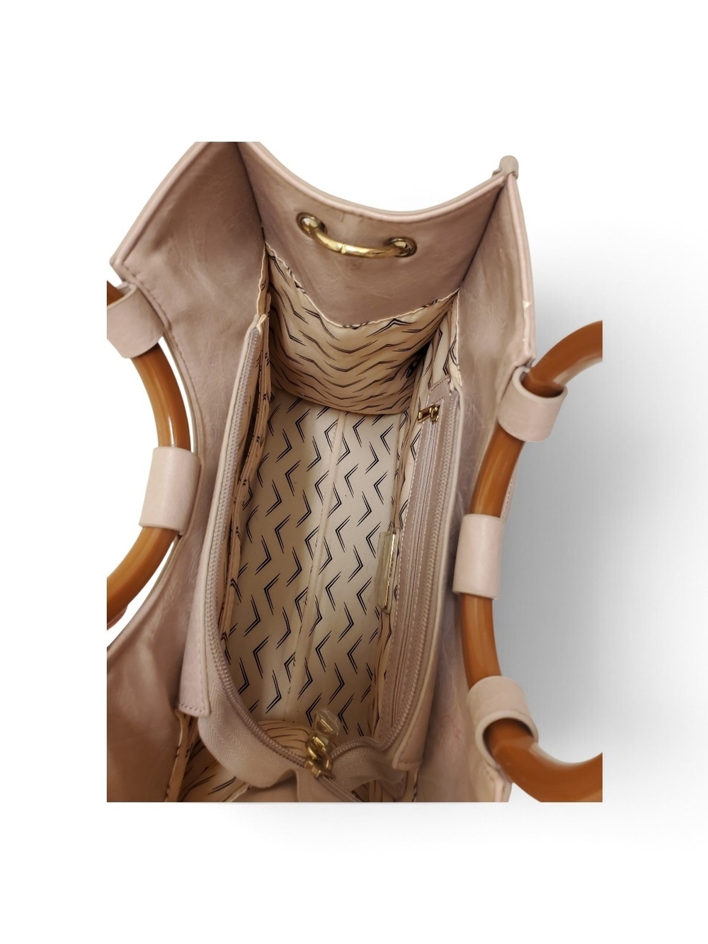 Moda Luxe Beige Woven Crossbody Tote with Wooden Ring Handles - Picture 6 of 11